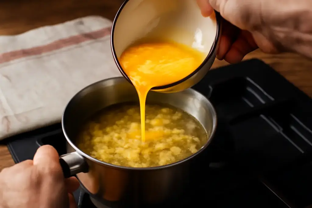 Stracciatella in brodo ricetta abruzzese: la fase di aggiunta delle uova che non tutti fanno nel momento giusto